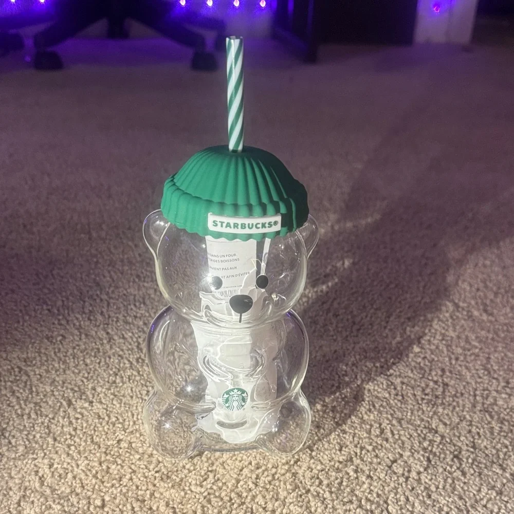 Starbucks Clear Bear Tumbler with Green Beanie Lid and Striped Straw